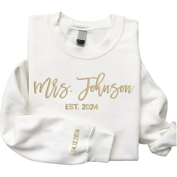 Noni Custom Embroidered Mrs. EST Sweatshirt With Date Or Text On Sleeve, Mrs. Last Name, Bride Sweatshirts, Unisex Sweatshirt-LINHKHA