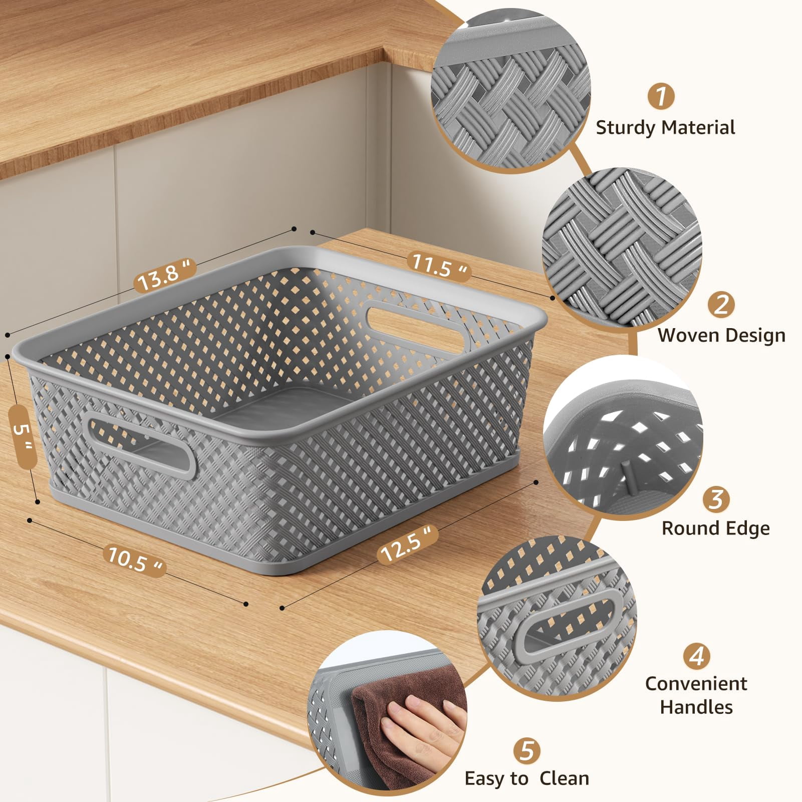 Large Grey Plastic Woven Storage Baskets 3 Pack For Home Office Organization