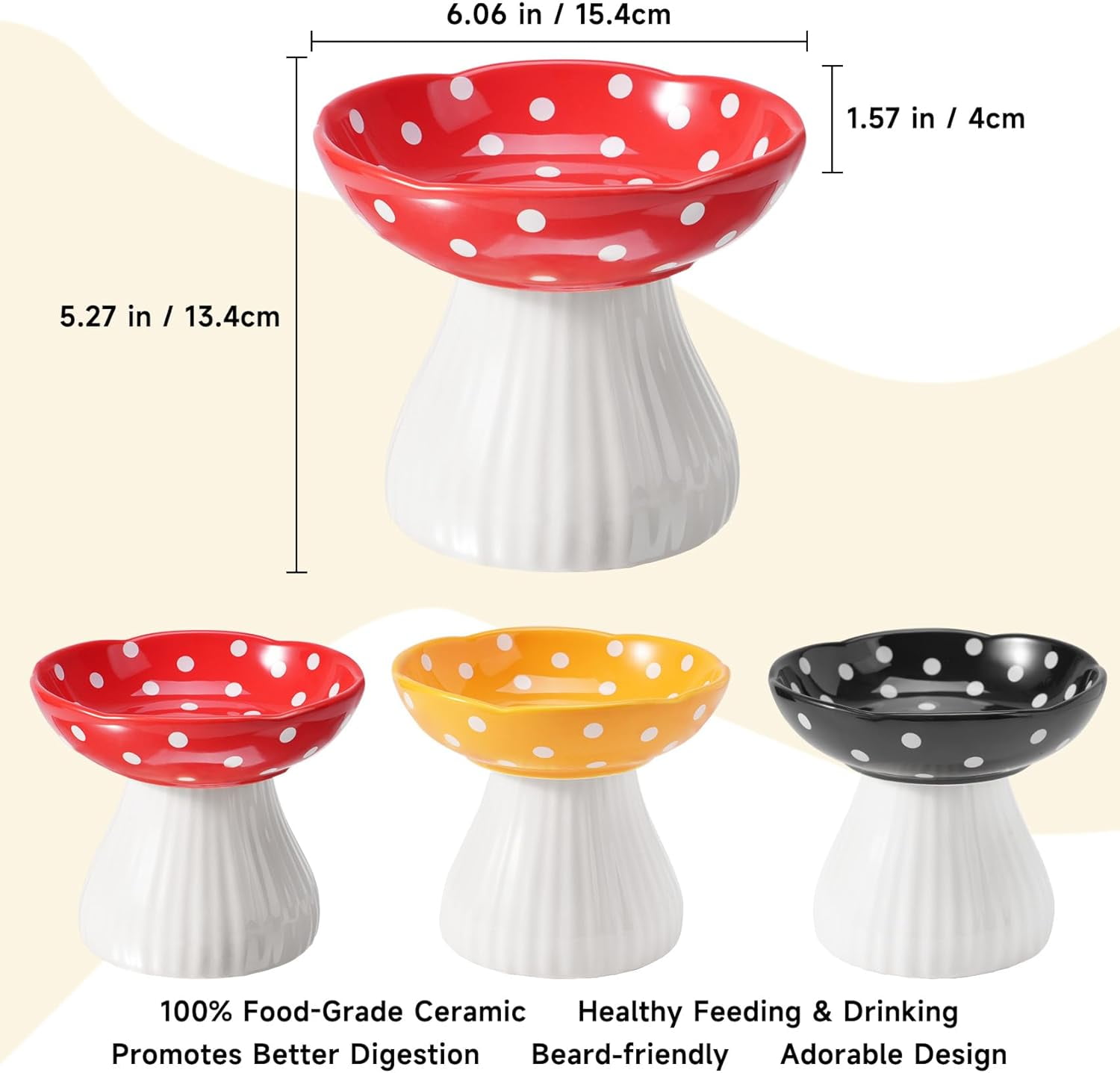 Lead & Cadmium Free Ceramic Elevated Cat Bowls for Food and Water, Red and Yellow Design to Prevent Whisker Fatigue