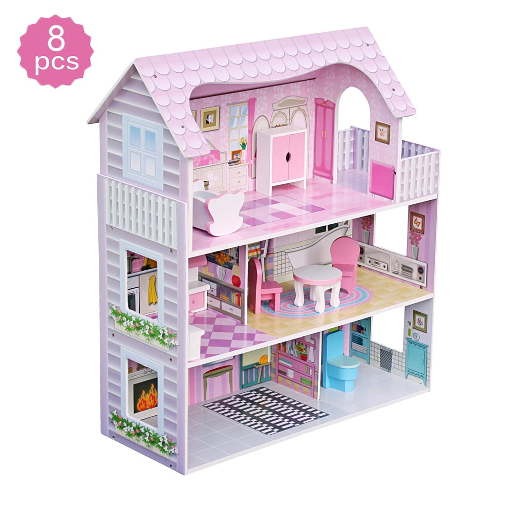 3 Level Pink Girls Kids Dollhouse Porch Sink Crib Toilet Chair Furniture Set Toy 