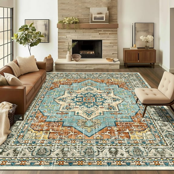 Findosom Retro Area Rugs 8'x10' Oriental Floor Carpet,Washable Non-Slip Soft Large Rugs for Living Room,Low Pile Indoor Rugs for Bedroom Dining Room Entryway Home Decor,Orange