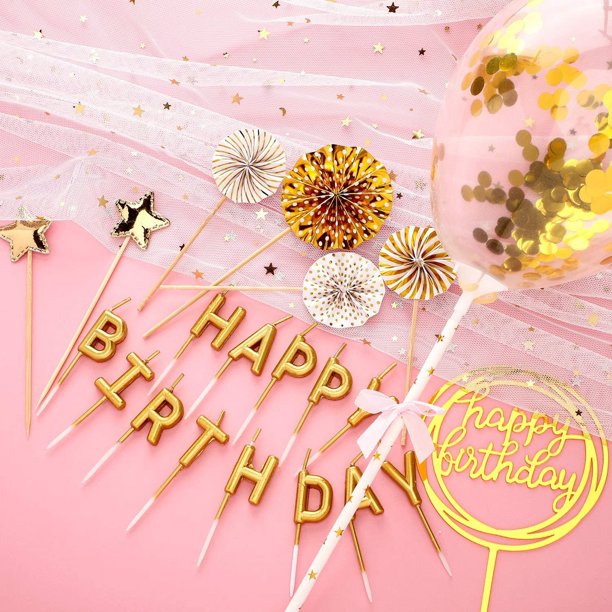 Juego de velas de cumpleaños,estrellas y abanicos, decoración para cupcakes, decoración para tartas de cumpleaños para celebración de fiesta de cumpleaños (dorado) LingWen 1327537067184