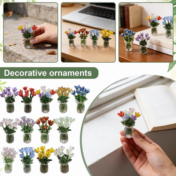 Miniature Glass Flower Bouquet Ornament, Handcrafted Decorative Glass Flowers in Ribbed Vase for Home Office Desk Shelf Decor, Unique Collectible Gift, 2.36 Inches Tall,A