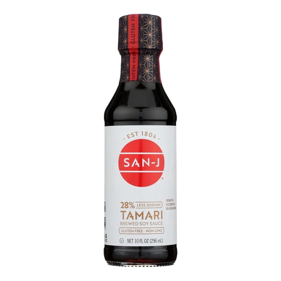 SAN J - Reduced Sodium Tamari Soy Sauce for Gluten-Free Cooking - 10 Oz, Case of 6
