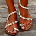 thumbnail image 3 of Dakaela Women's Pearl Strappy Flat Sandals Ankle Strap Toe Ring Slip on Slides Beaded Wedding Bride Summer Beach Flip Flops White 10.5, 3 of 6