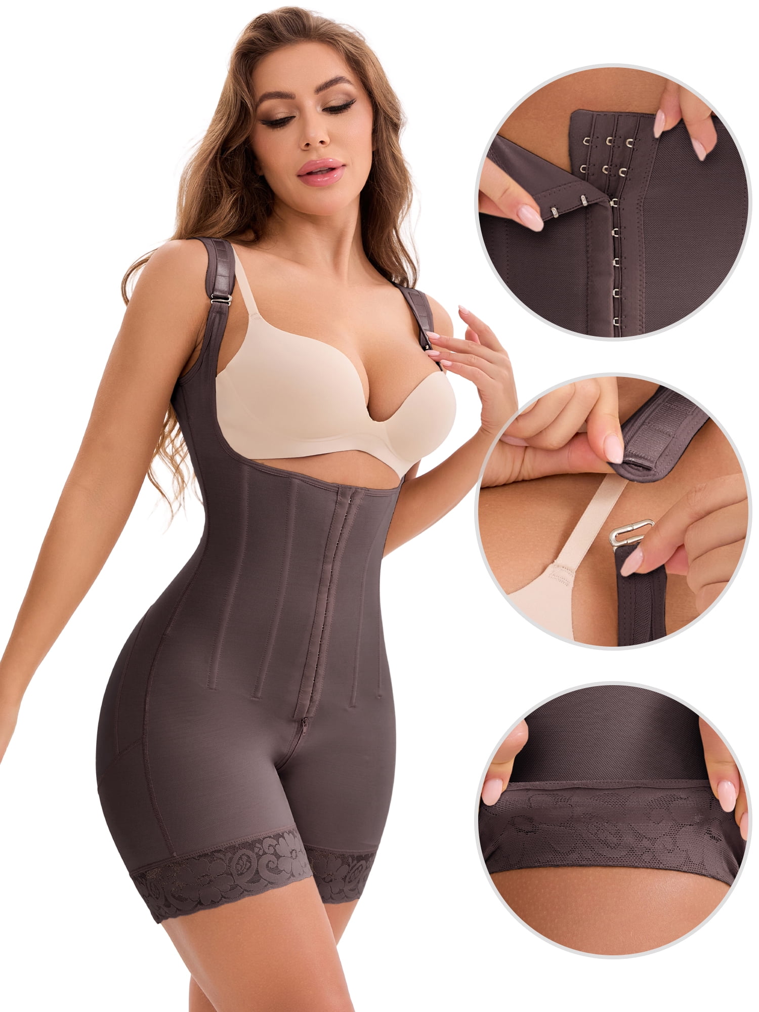 DARING DIVA Shapewear Tummy Control Compression Bodysuit with Zipper Crotch M Purple