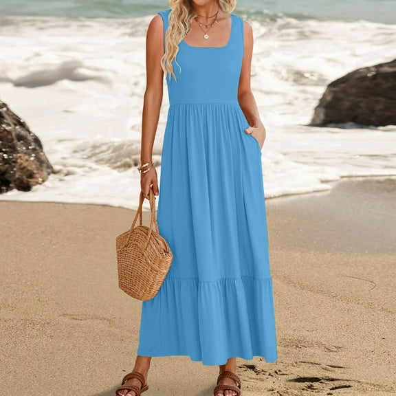 Women's Summer Sleeveless Dress Square Neck Pleated Swing Casual Maxi Dresses With Pockets Straight Dress for Women Cute Short Dresses Cute Summer Outfits for Women Loose Summer Dress for Women Summer