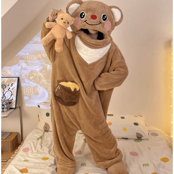 Funny Cartoon Coral Fleece Women’s Onesie Thickened Lazy Style Hoodless Jumpsuit Sleepwear, Soft Plush Polyester One‑Piece Pajama for Spring Autumn Winter Home Loungewear