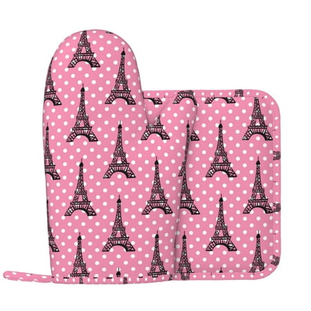 

Oven Mitts and Pot Holders Sets - polka dot Eiffel Tower Heat Resistant Silicone Oven Gloves (Left Glove) with Non-Slip Silicone Surface and hot pads for kitchen Baking Cooking