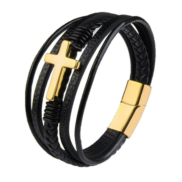 Pulsera de cuero negro para hombre Pulsera de cuero trenzado de capas Confirmación