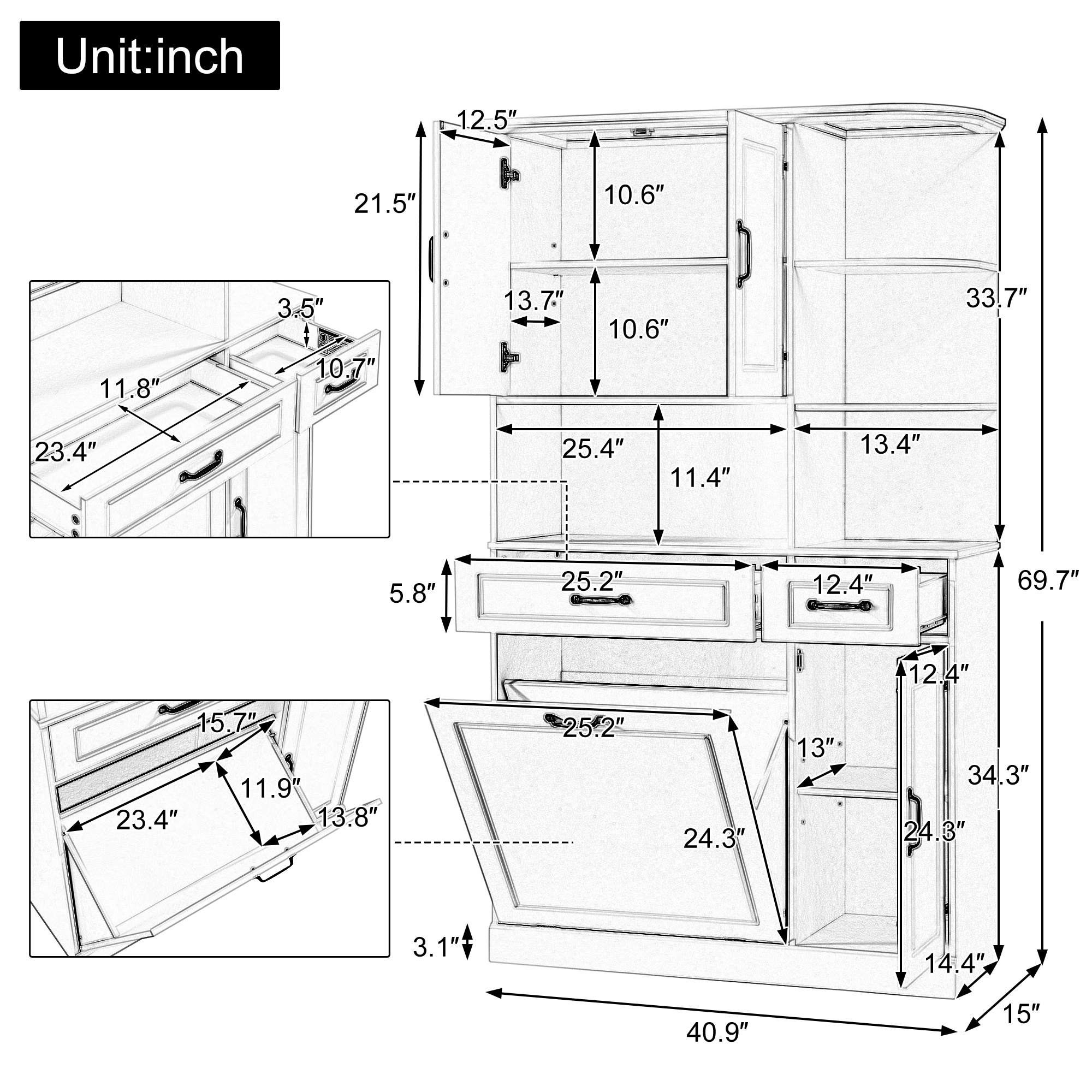 Euroco Tall Freestanding Storage Cabinet with Drawers and Doors, Adjustable Shelves, Flip Drawer Design, Modern Organizer Cabinet for Bathroom, Living Room, or Office, White MDF Cabinet