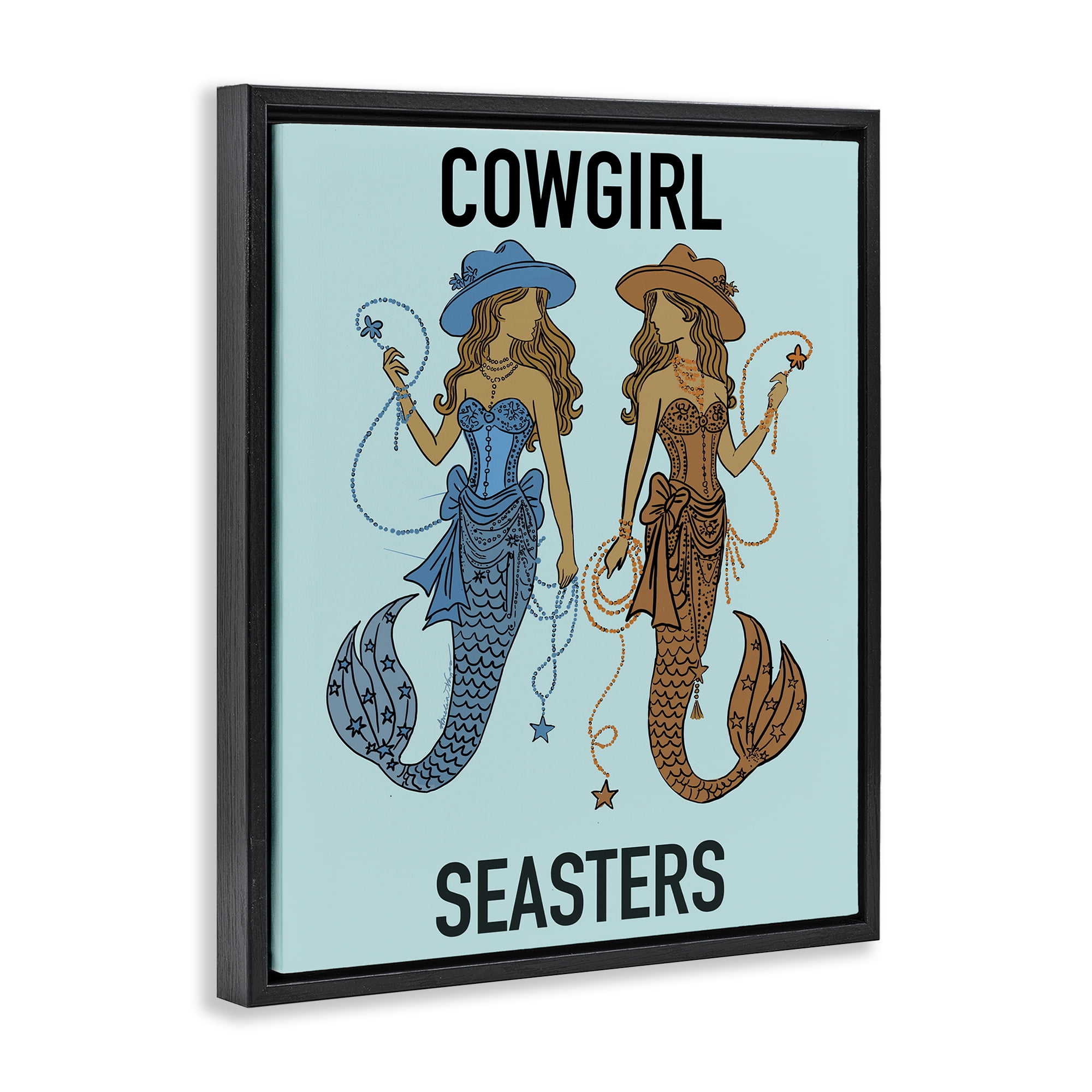Cowgirl Seasters Mermaid Friendship Black Framed Floater Canvas Wall Art, design by Amelia Noyes
