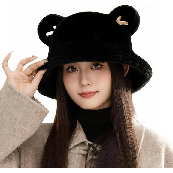 Winter Faux Fur Bucket Hat Cute Bear Ears Furry Bucket Hat Fashion Warm Wide Brim Plush Fisherman Cap for Women Girls