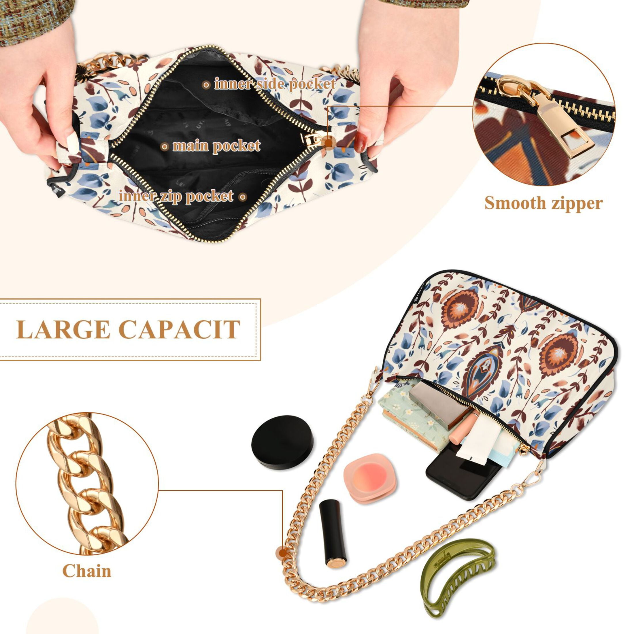 Ryvnso Ethnic Boho Totem Pattern Womens Chain Shoulder Bag Tote Handbags Clutch Hobo Purse with Zipper for Travel