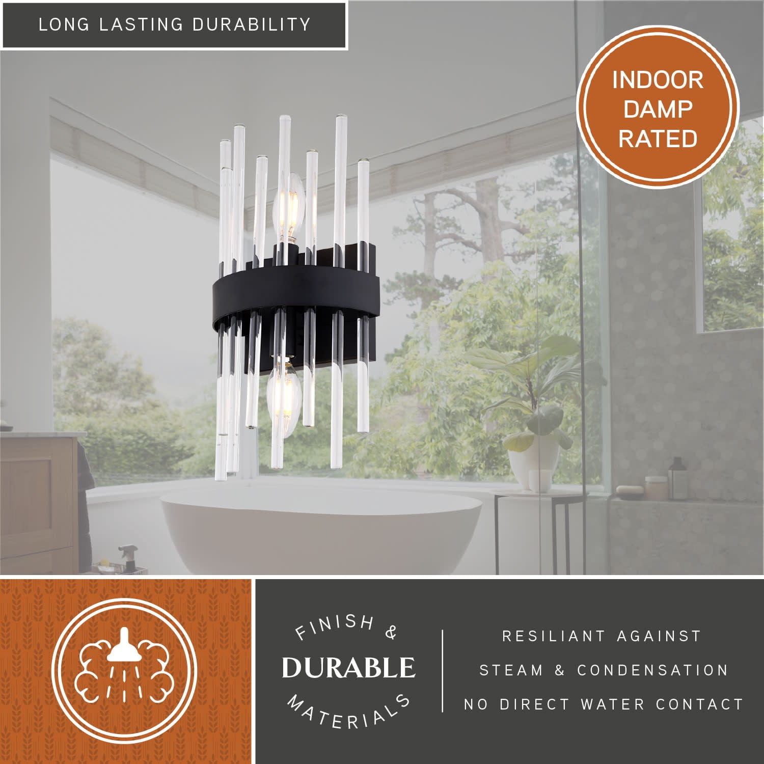 Delevan 2-Light 7.25 in. Wide Matte Black Modern Contemporary Wall Mounted Sconce with Clear Glass Rod Shade, Dimmable, LED Compatible, Metal Bathroom Vanity Lighting Fixture