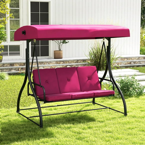 Gymax Converting Patio Swing Chair Porch Swing Bed w/Adjustable Canopy & Thickened Cushion Wine