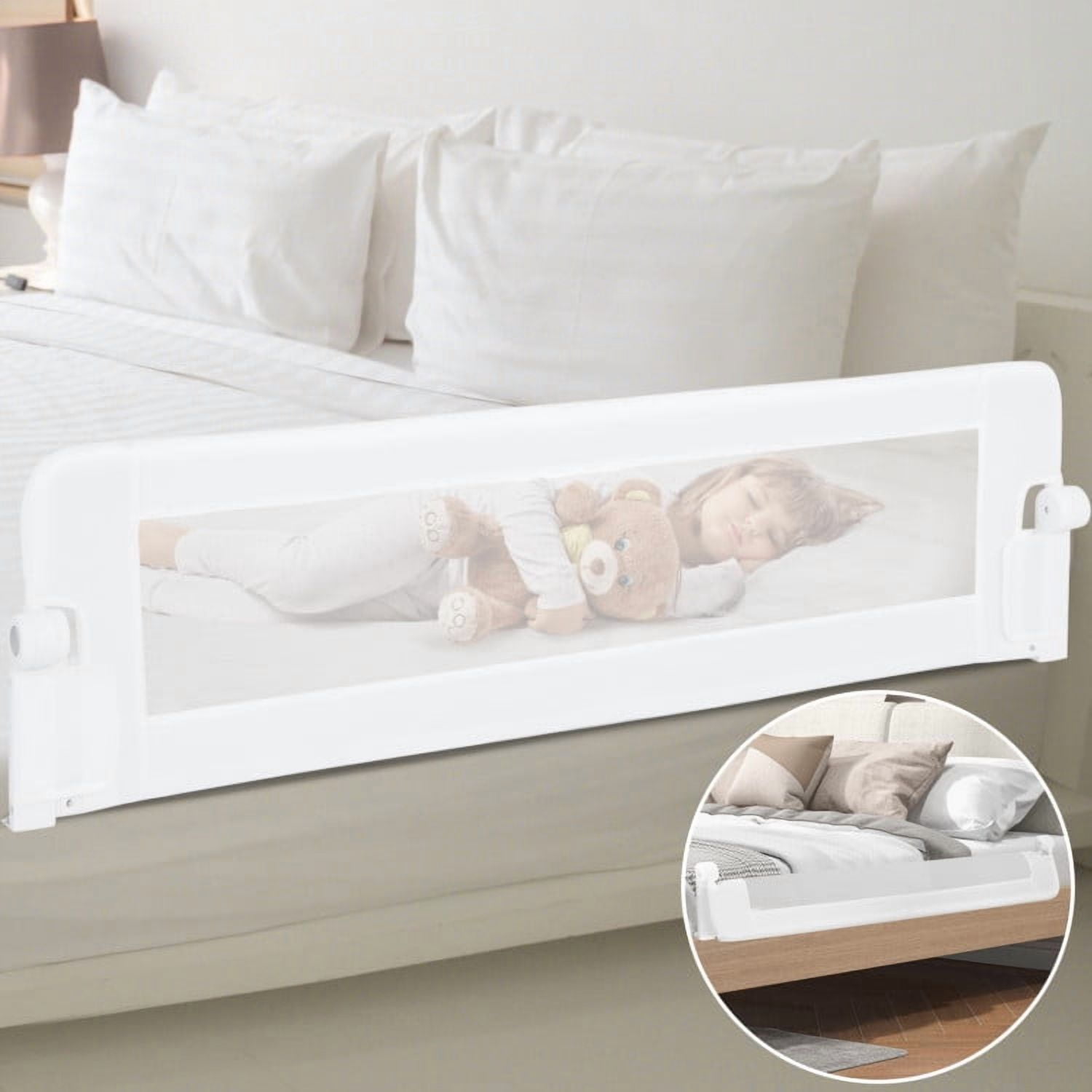 Spaco 60-Inch Foldable Bed Rail Swing Down Baby Bed Guard Rail with Adjustable Safety Strap-White, Bed Rail for Queen, King, Twin, and Bunk Size Beds