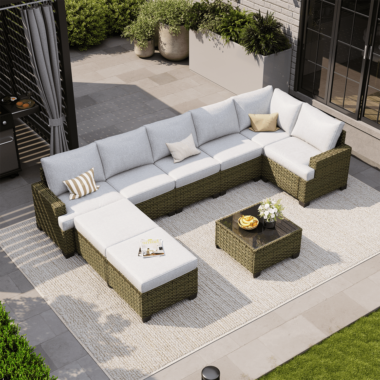 BaPiPro 9-Piece Outdoor Rattan Modular Patio Sofa Set with Thick Light Gray Cushions, Multi-Use Ottoman and Easy-Clean Coffee Table for Garden and Patio Leisure Use