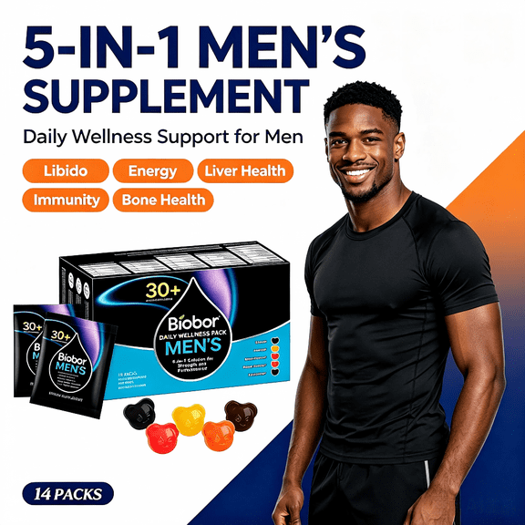 Biobor Men's Daily Multivitamin Supplement 5 in 1 for Vitality Biobor Libido Liver Health, Bone & Immune Support, Vitamin D3 K2, B12, Ashwagandha, Turmeric, 14 Packs