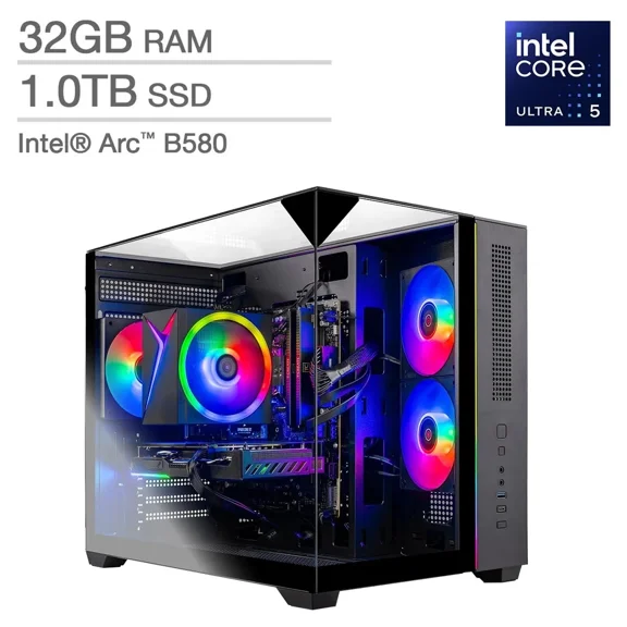 Skytech Crystal Gaming Desktop — Intel Core Ultra 5 225F — Intel Arc B580, 12GB GDDR6 — 32GB DDR5 RAM — 1TB SSD — Windows 11 Home