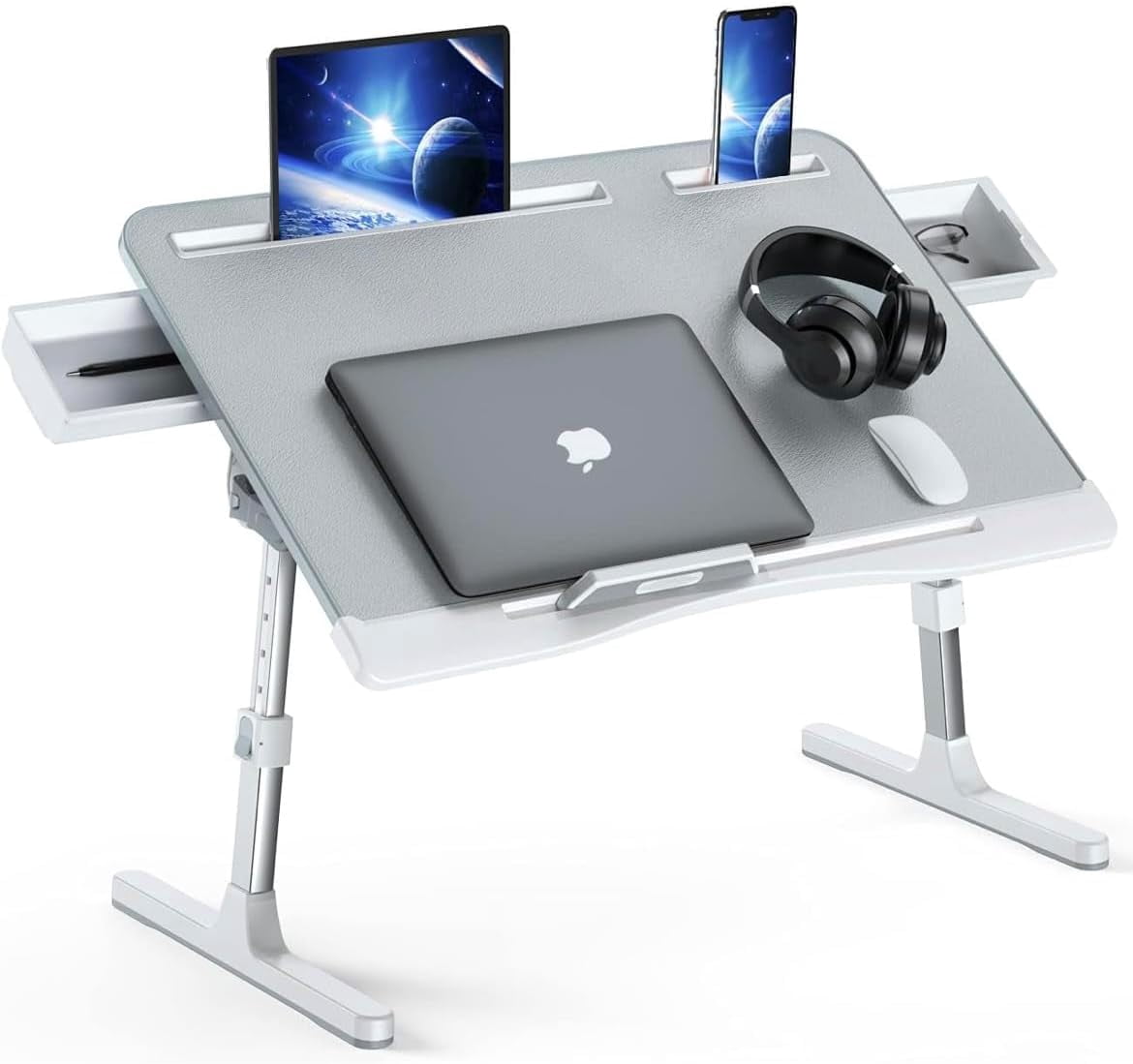 Adjustable Gray Extra Large Lap Desk, Foldable Laptop Table with 2 Drawers, Portable Lap Stand for Bed Sofa Office