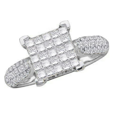 1.00 Carat (ctw) 10K White Gold Princess & Round Cut White Diamond Ladies Bridal Invisible Set Engagement Ring 1 CT