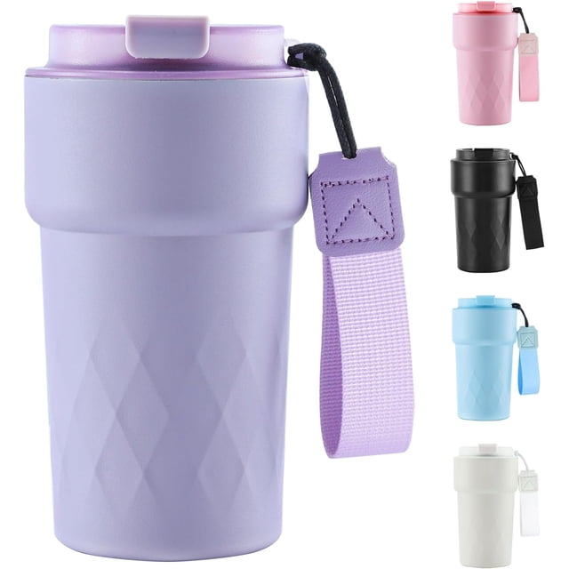 Resemugg, 510 ml isolerad kaffemugg med läckagesäkert lock, återanvändbara kaffekoppar för resor, dubbelväggiga termomuggar i rostfritt stål (Lila)