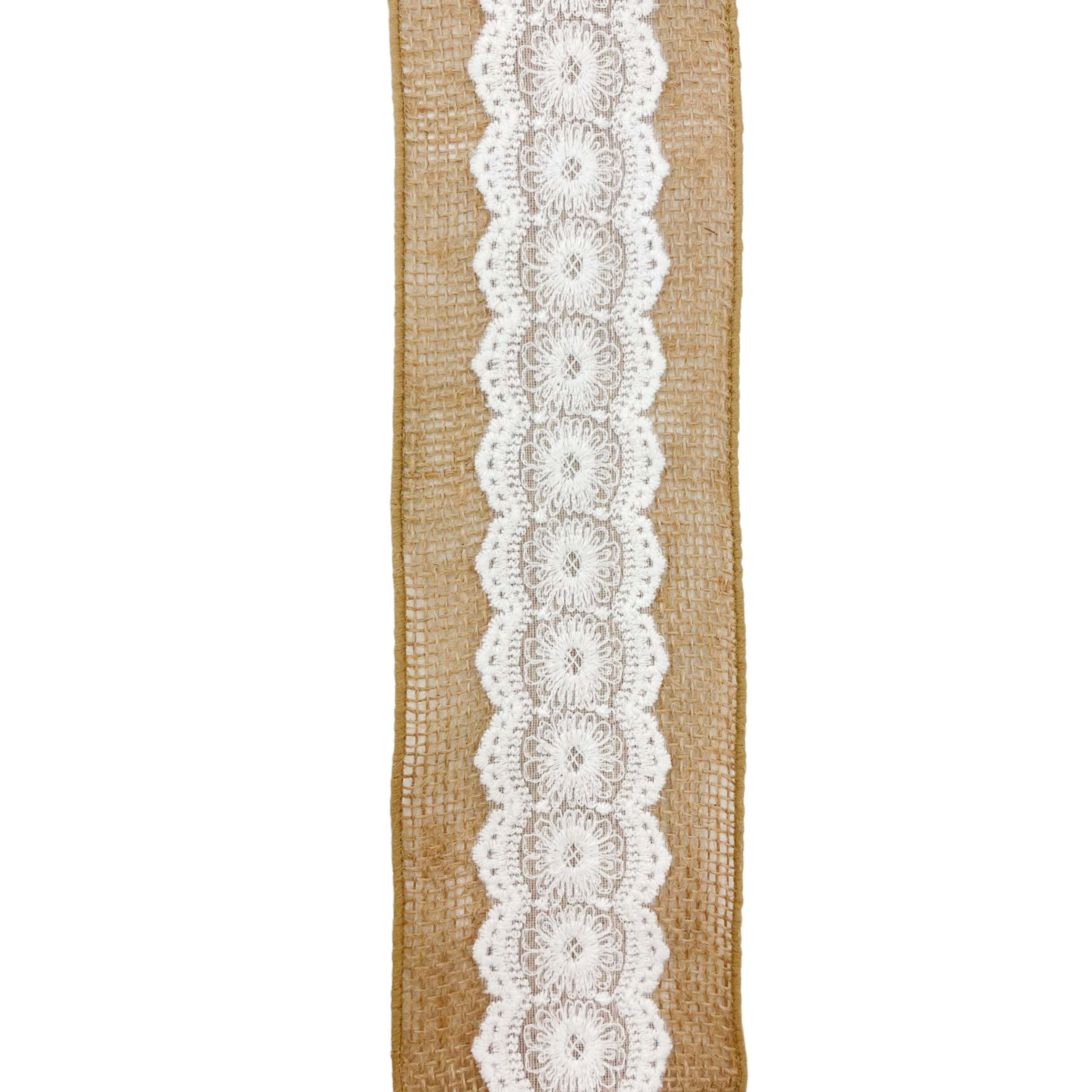 Celebrate It 3.5" x 2yd Natural Lace Burlap Ribbon - Rustic Jute with White Lace Trim, Non-Wired, Ideal for Crafts & Decor Accents, 12 Pack