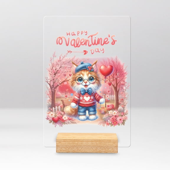 Happy Valentine’s Day Adorable Maine Coon Kitten Holding Heart Balloon Acrylic Plaque Sign Ashwood Base Cat Lover Kitten Owner Gifts Home Desk Decor - 00030