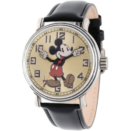 Mens Toledo Leather Watch - Mickey Mouse Men's Antique Silver Vintage Alloy Watch, Black Leather Strap