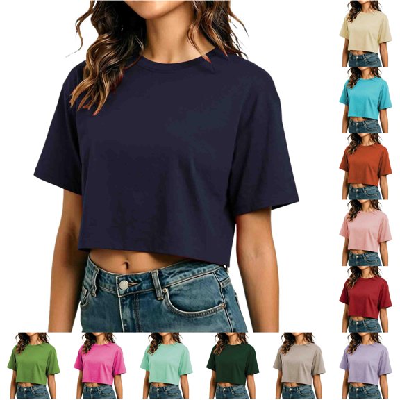 xfsWaSs Womens Summer Cropped T Shirts Short Sleeve Loose Fit Round Neck T-Shirt Solid Color Casual Tshirts Soft Basic Tees Crop Tops