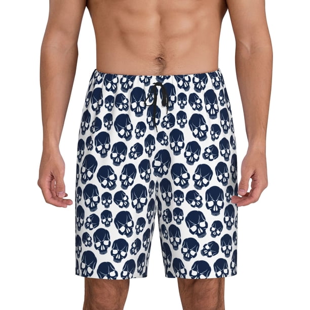 Balery black Skull white Pantalones cortos de pijama de punto de algodón para hombre con cinturilla y bolsillos-XX-Large