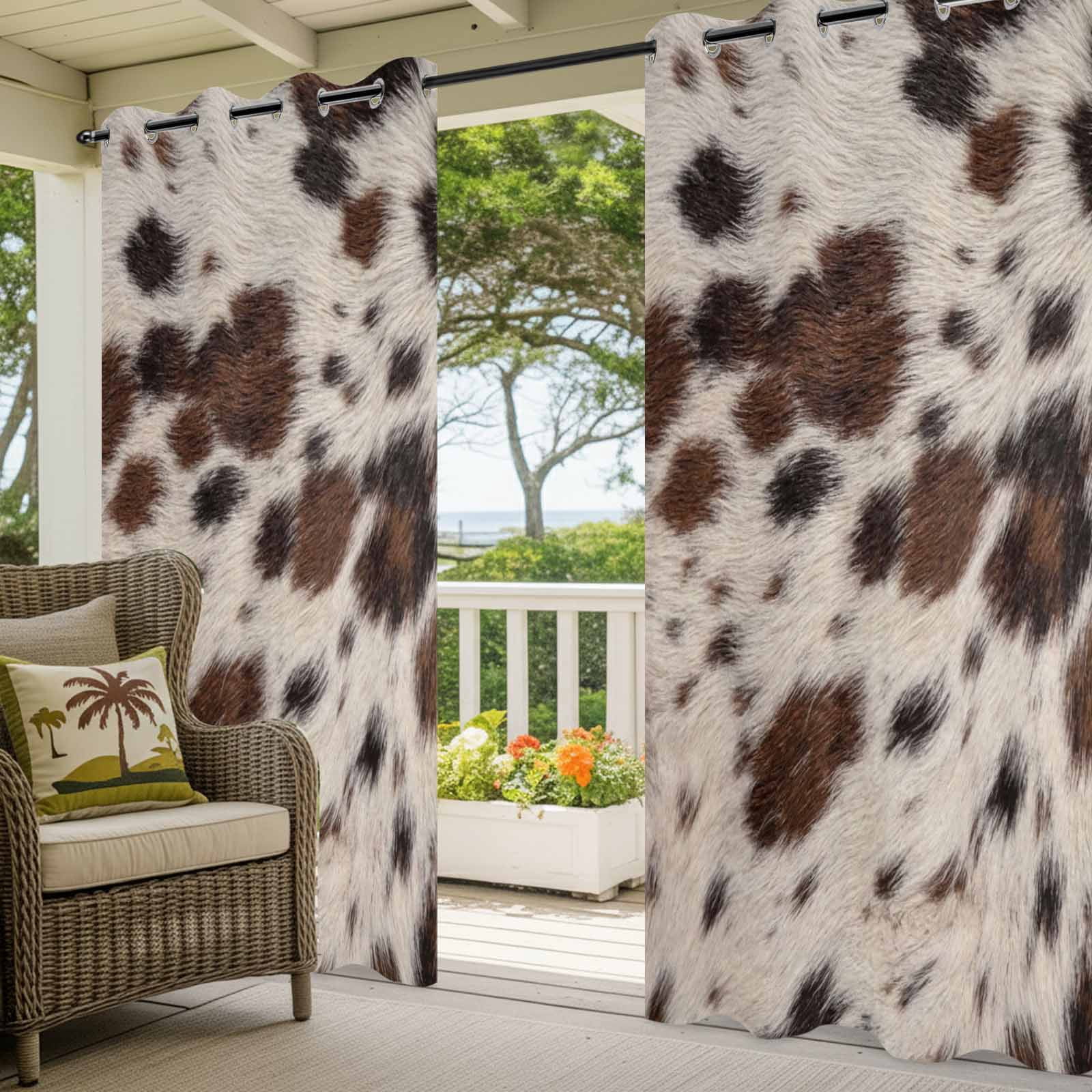 Brown Fur Texture Outdoor Curtains for Patio, Country Farm Animal Classic White Brown Black Spots Sunshade Privacy Drapes Grommet Waterproof Outside Curtains for Porch Balcony 54"x108", 1 Panel