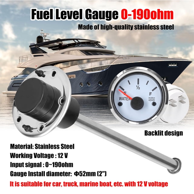 Medidor de Nivel de Nivel de combustible de 52 mm Medidor de Nivel de Nivel de Agua de Nivel de combustible de acero inoxidable 0-190ohm con luz de fondo para el automóvil marino