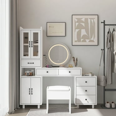 Vanity Desk with Mirror, LED Lights and Power Outlet Makeup Vanity Table with Stool, 3-in-1 Vanity Table Set with 7 Drawers and 2 Storage Cabinets Dressing Table for Bedroom Dressing Room
