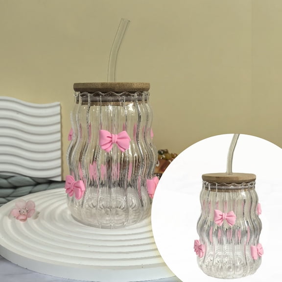 Drinking Glass with Lid and Straw 15 oz, Pink Bowknot Glasses Cup Cute Bows Ripple Glass Tumbler, Drinking Cup for Water Juice Smoothie Boba Milk Drinks, Glassware and Drinkware