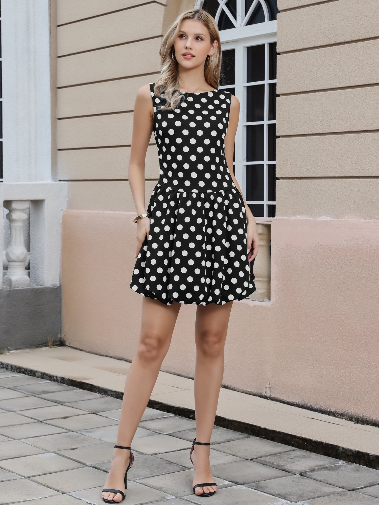 DARING DIVA Women's Boat Neck Sleeveless Polka Dots Cocktail Dress XL Black