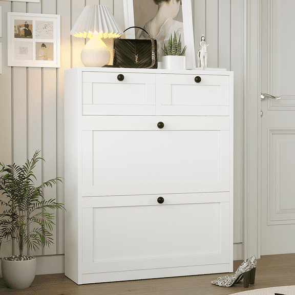 Richya White Shoe Cabinet with 2 Flip Drawers,Shoe Racks Storage Cabinet with 2 Drawers for Entryway