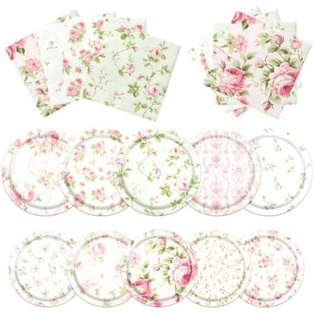 Floral Party Supplies - 60Pcs Plates and Napkins, Vintage Rose Tableware for Garden Spring Tea Party