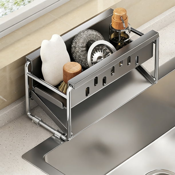 Escurridor de Acero Inoxidable Qazbgdl para Fregadero | Organizador de Encimera de Cocina de 2 Niveles | Soporte para Cubiertos y Utensilios con Orificios de Drenaje | 20 X 10 X 9,5 Cm