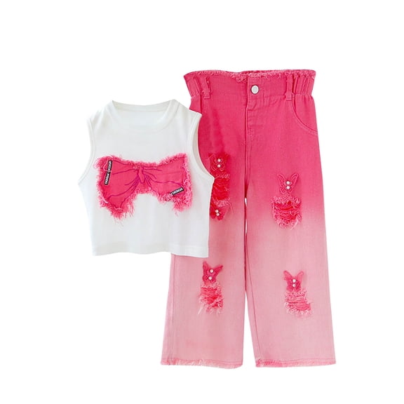 Cethrio Girls Summer Outfit Sets, Summer Sleeveless 2 Piece Tops and Jeans Sets Hot Pink Size 7-8