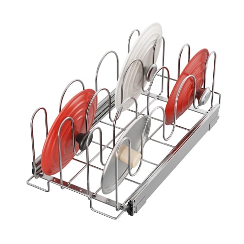Pull Out Pan and Pot Lid Organizer for Cabinet, Holds Up to 18 Lids, 11"W x 21"L Chrome Steel Rack