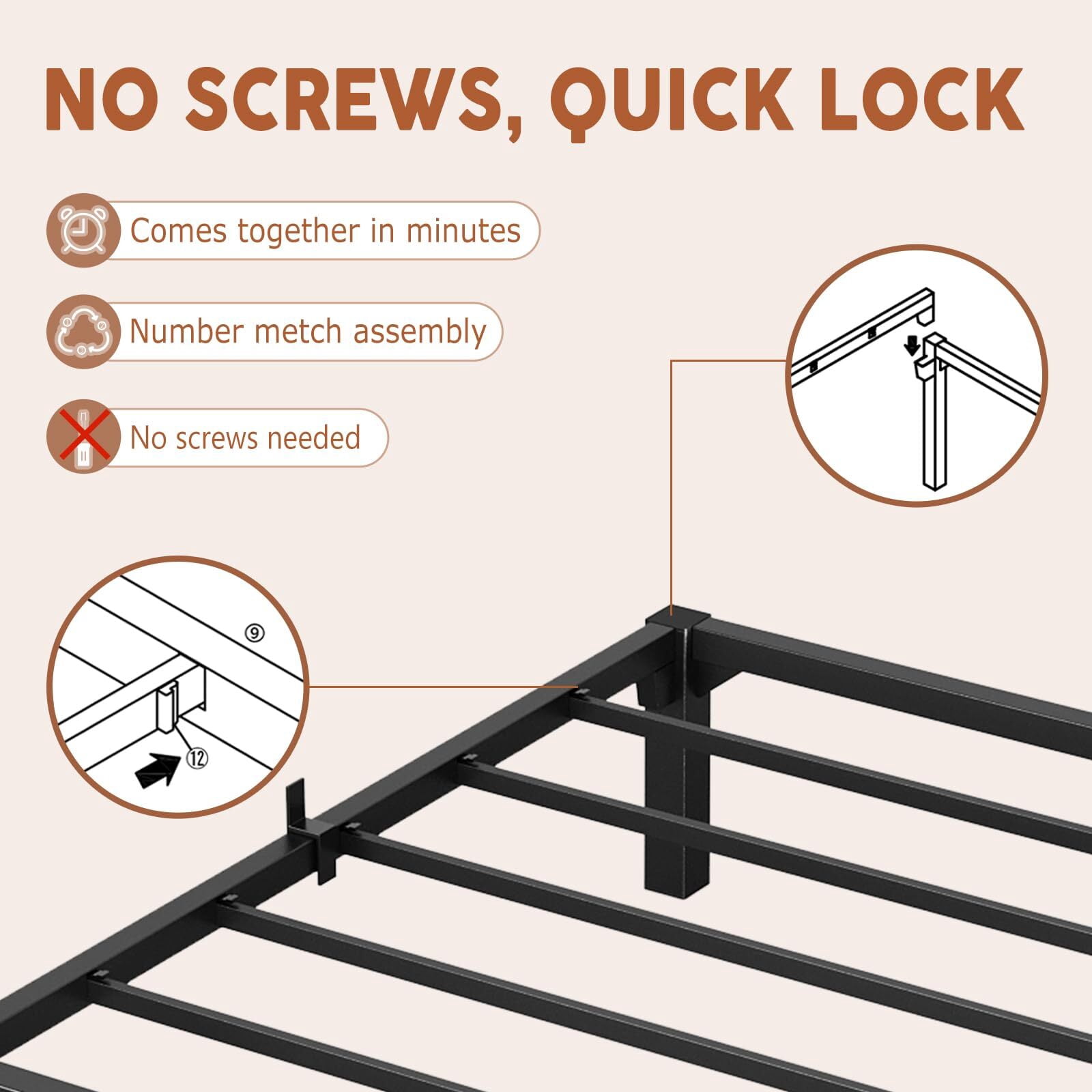 Jojoka Queen Size Metal Bed Frame 10 Inch High, Heavy Duty Platform with 800 lbs Support, No Box Spring, Easy Tool-Free Assembly, Noise-Free Design