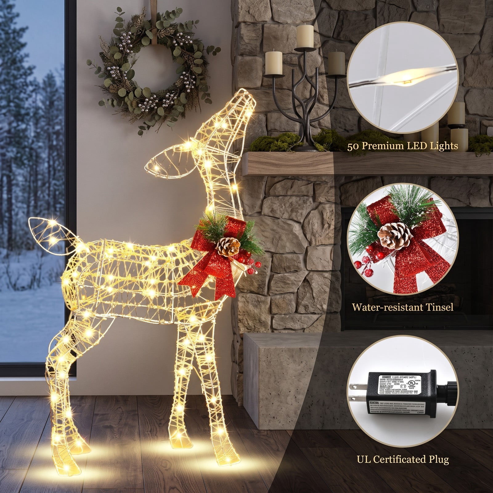 RUIE 34.5-inch Lighted Christmas Reindeer Decoration with 50 Warm White LED Lights, Pre-Lit Outdoor Yard Decor, White