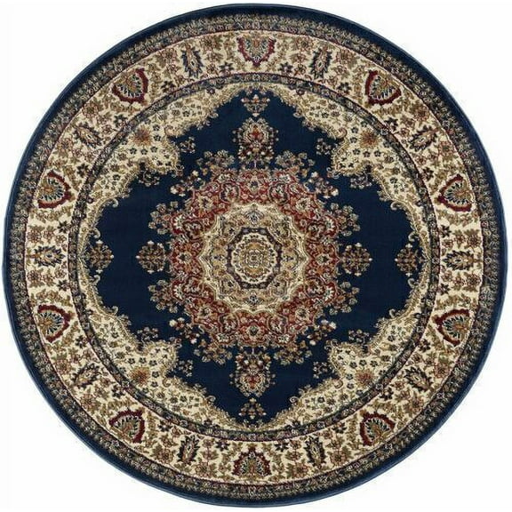Traditional Floral Oriental Round Beige Navy Area Rug 5 by 5 ft