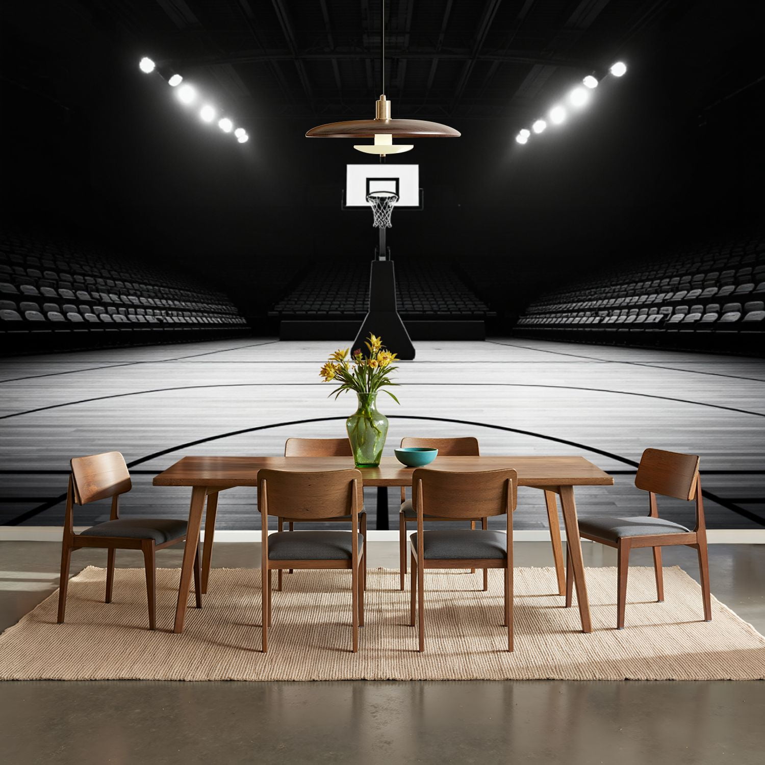 100"x144" Wall Mural Peel and Stick Wallpaper Black White Basketball Court Empty Wooden Floor Spotlights Wall Decor Self Adhesive Removable Wall Stickers for Bedroom Living Room