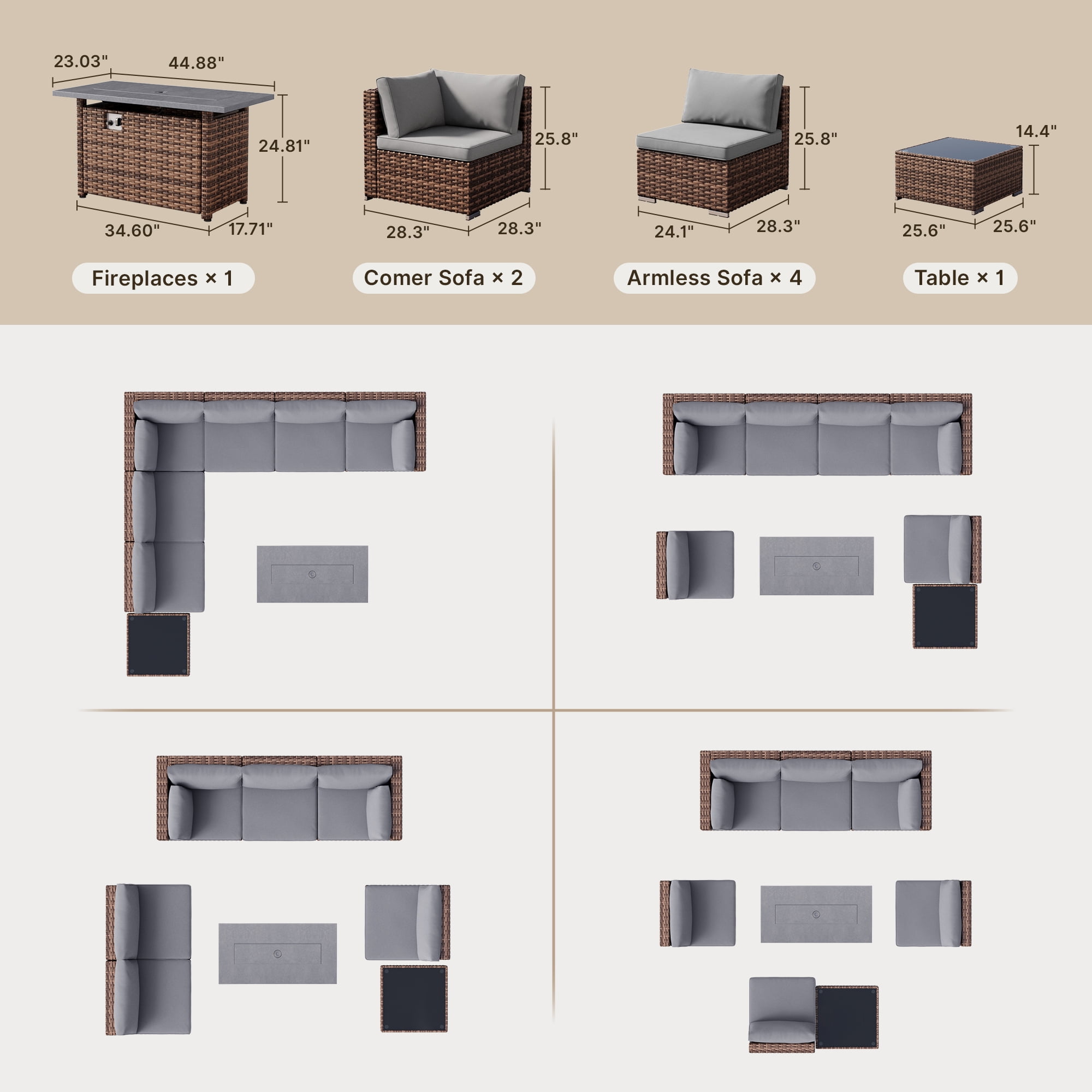Asofer 8 Piece Outdoor Patio Conversation Sets，Patio Sectional Furniture Set with Fire Pit and A Coffee Table for Courtyard，Poolside，Party，Gray