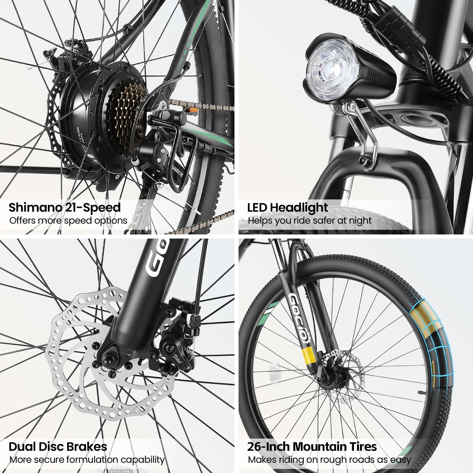 Gocio 26" Electric Bike, 350W Electric Bike for Adults 19.8MPH Electric Mountain Bike, LCD, Lockable Suspension Fork, 374.4Wh 36V Battery UL2849 Certified, 21-Speed E-Bikes Adult Electric Bicycle