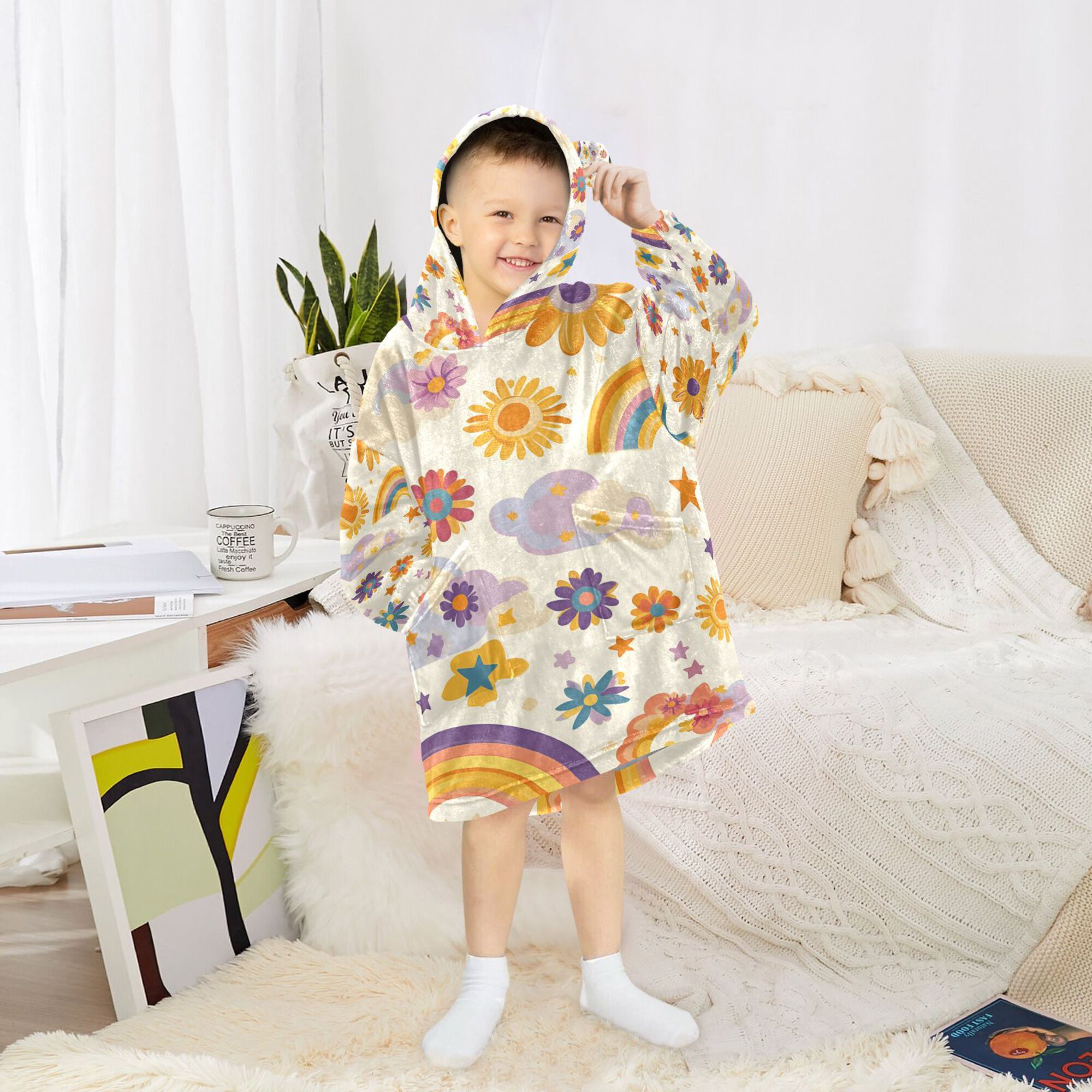 FORMRS Wearable Blanket Hoodie with Sleeves for Kids Cozy Flannel Sweatshirt, Beige Retro Rainbow