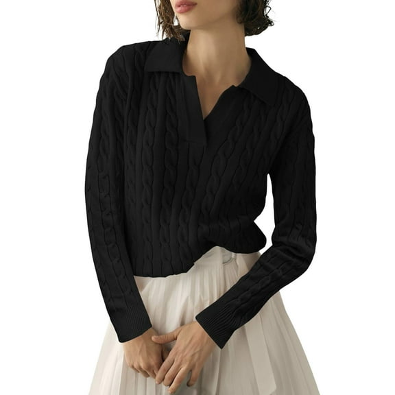 SGMVNU Fall Cable Knit Sweaters for Women 2025 Long Sleeve Loose Lapel V Neck Sweater Casual Pullover Jumper Tops Black, Size XL